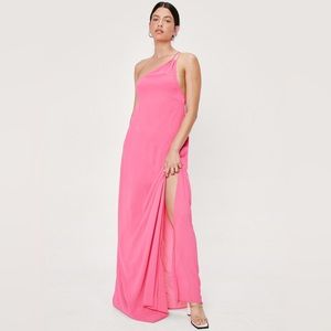 NWT Nasty Gal One Shoulder Chiffon Maxi Smock Dress Barbie Pink